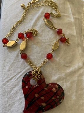Gold-Tone Necklace with Red Heart Pendanty